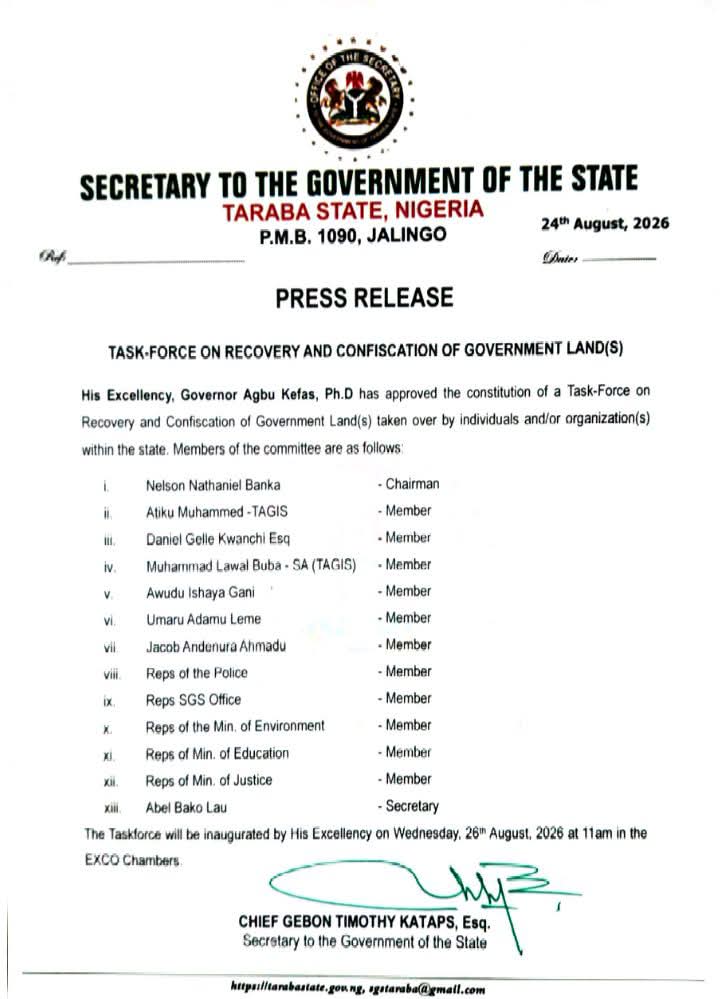 Gov. Kefas Sets Up Task Force to Recover Government Lands in Taraba