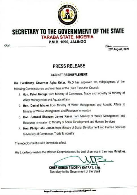 Taraba Governor Reshuffles Four Commissioners